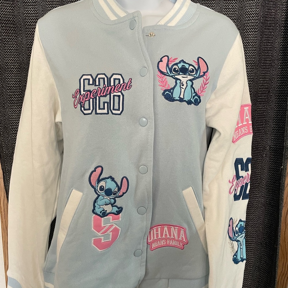 Disney Stitch Kids varsity jacket -baby blue and white